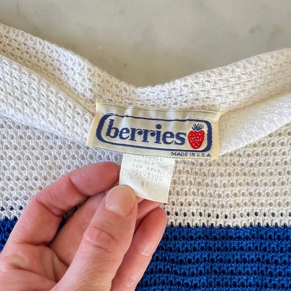 Vintage 80s White, Blue and Teal Striped Boatneck 3/4 Sleeve Sheer Sweater / M L - Picture 4 of 6